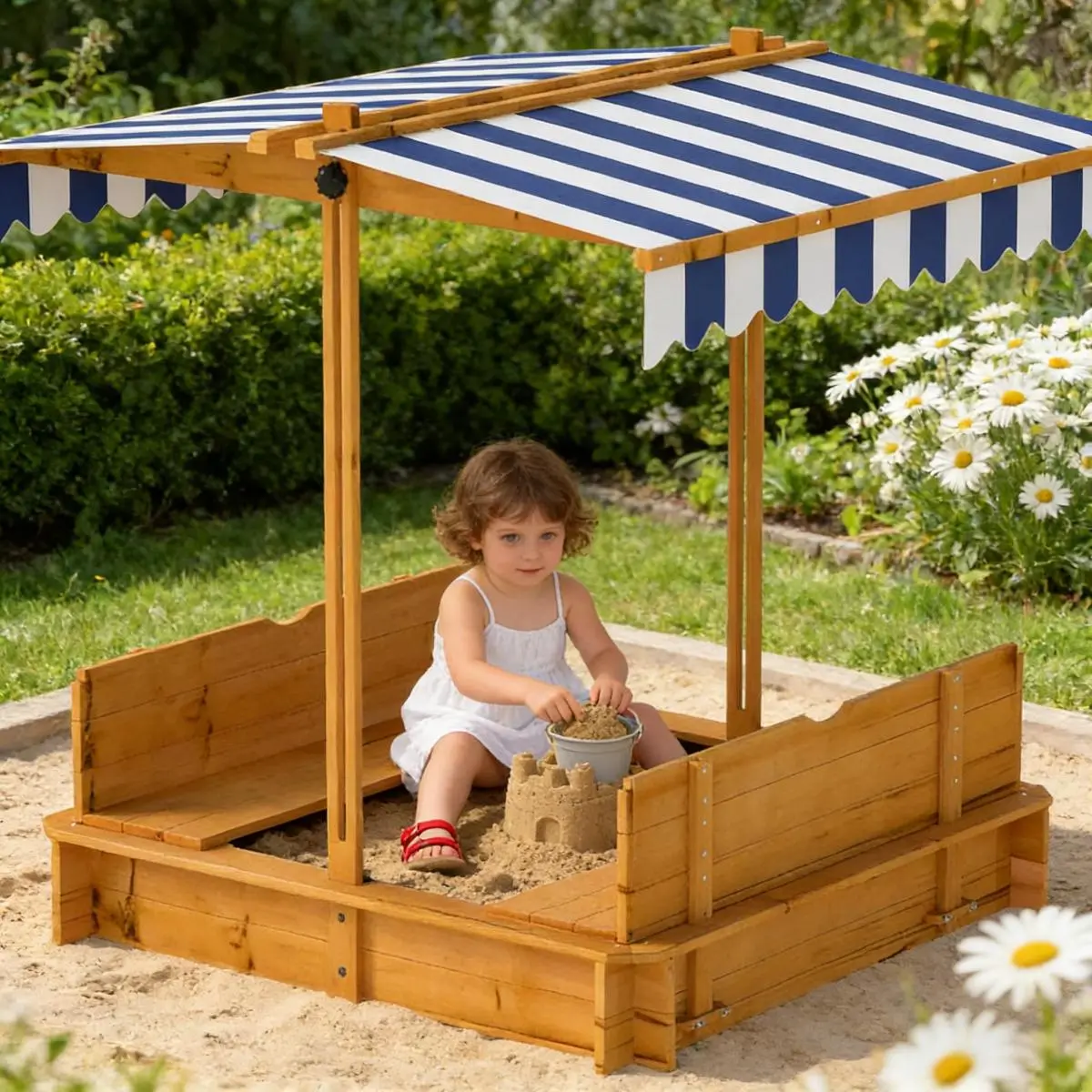 Aobtkel Kids Sandbox with Adjustable Canopy Transforms to Lid 2 Removable Benches with Backrest Wooden Sand Pit Non-Woven Liner for Outdoor Backyard Garden Playground Children Age 3-7 Boys Girls Gift Idea