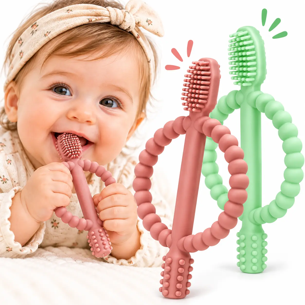 2-Pack Silicone Baby Teething Toothbrush Toys, Soft Infant Teethers with Textured Bristles & Easy-Grip Ring Handles, BPA-Free Teething Toys for Babies, Green & Caramel