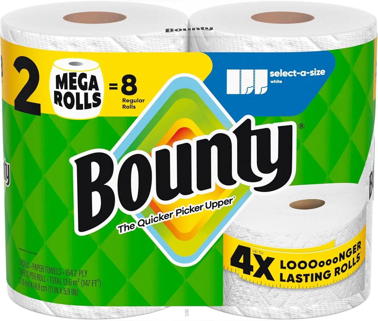 Bounty Select-A-Size Kitchen Paper Towels, White, 2 Mega Rolls (Equals 8 Regular Rolls)
