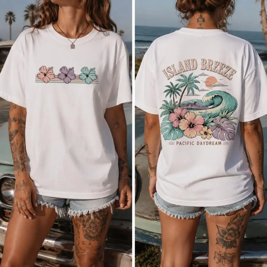 Island Breeze Tropical Hibiscus Palm Print Soft Oversized T Shirt For Women Summer Beach Vacation Casual Tee Y2k Aesthetic Coastal Daily Wear Crewneck Top