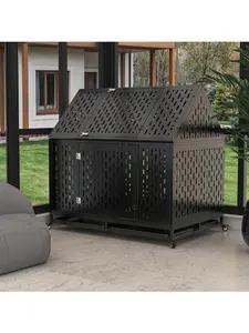 Heavy Duty 45” Indestructible Dog Crate with Roof, Dual Doors & Removable Trays