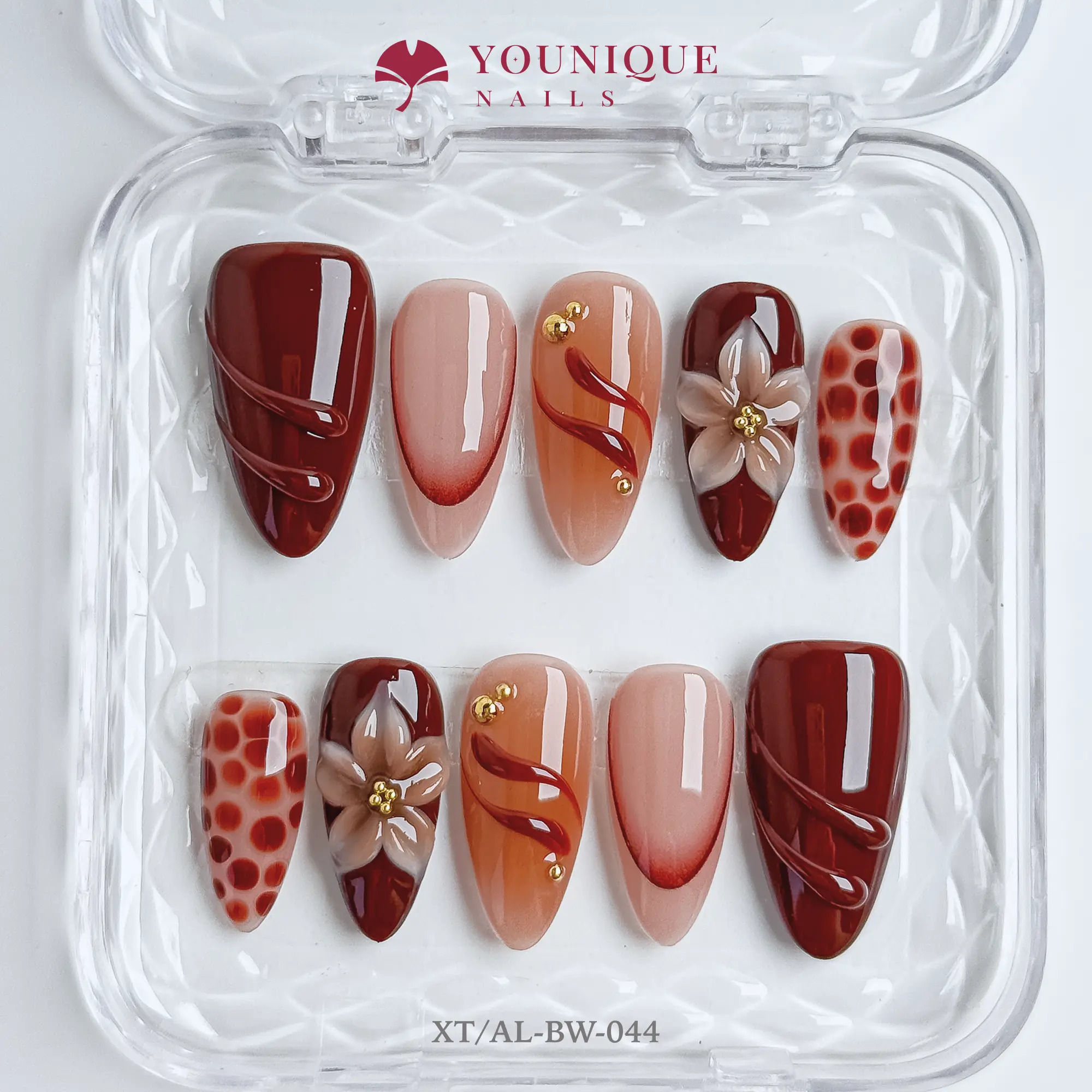 Younique Nails | XT Studio | Burnt Rosewood  | 10PCS 100% Handmade Press-On Nails | Reusable Colorful Art