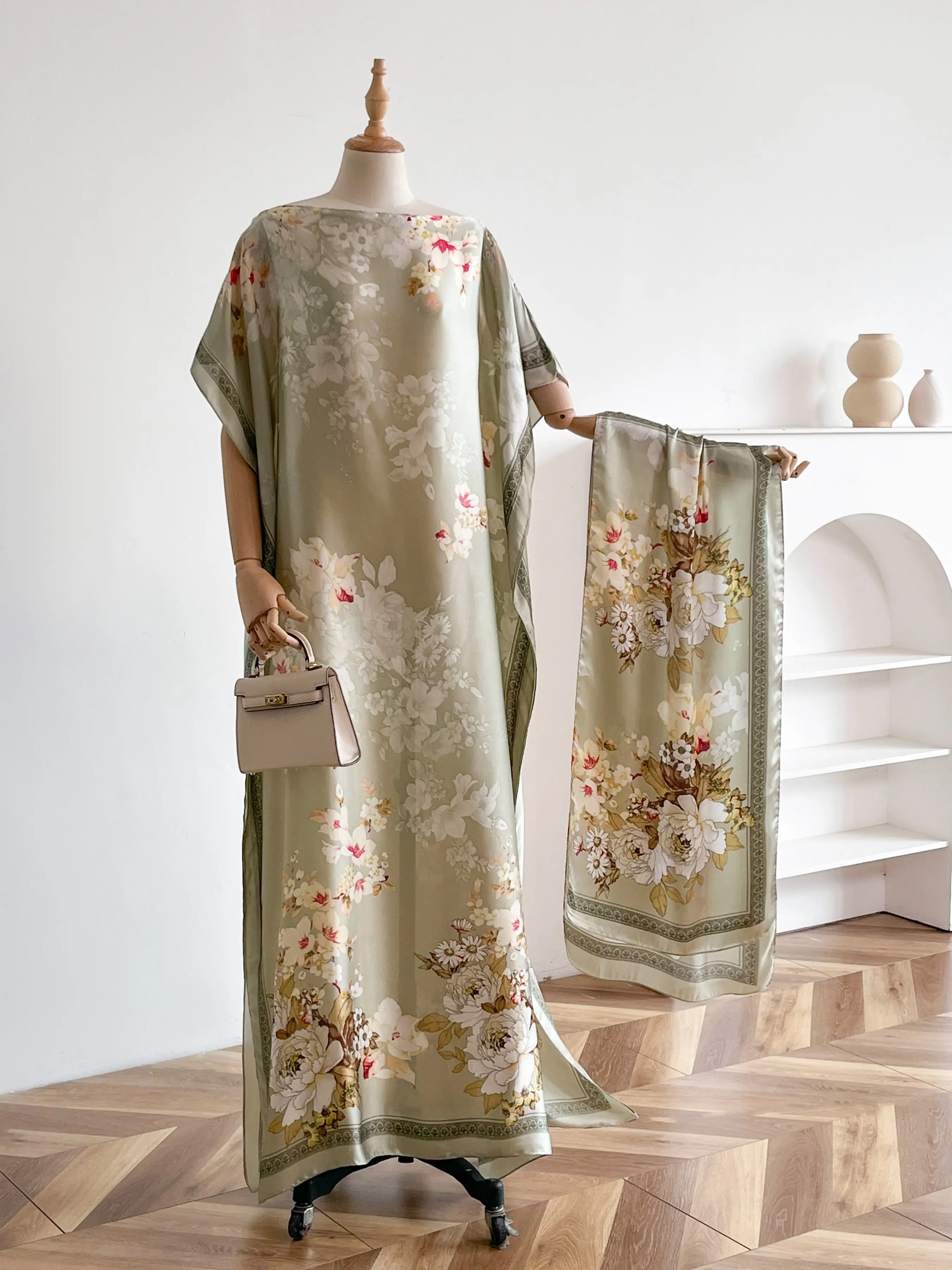 Elegant Floral Print Robe Set, Long Sleeve Cape Dress, Headscarf, Women's Beach Sun Protection Silk Ribbon Cover-Up, Beach Coverups