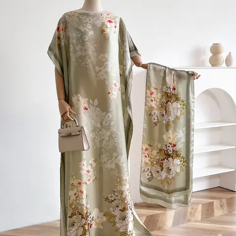 Elegant Floral Print Robe Set, Long Sleeve Cape Dress + Headscarf Scarf, Women's Beach Sun Protection Silk Ribbon, Swimsuit Cover Up, Beach Coverups