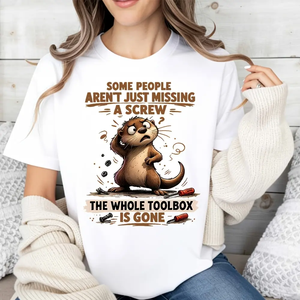 Cute Animal Cartoon Women's T-Shirt Funny Squirrel With Tools And Text Some People Aren't Just Missing A Screw The Whole Toolbox Is Gone Casual Summer Wear For Friends And Family Gifts
