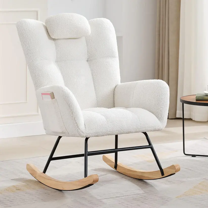 [HOT PRODUCT - FLASH SALE] Garvee Nursery Rocking Chair, 300Lb Glider Chair with Wood Legs/Two Side Pockets, Teddy Upholstered Glider Rocker with Padded Seat High Backrest for Living Room/Bedroom, Beige/Pink