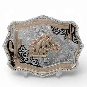 Silver Western Belt Buckle with Horse and Cactus