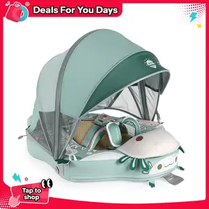 Mambobaby  Green Axolotl Non-Inflatable Baby Swim Float with Detachable Canopy, UPF 50+ Sun Protection, 5-Point Safety System, for Babies 3-24 Months