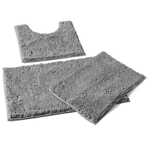 LuxUrux 3-Piece Bathroom Rug Set – Plush Chenille Bath Mats & U-Shaped Toilet Mat, Ultra-Soft, Absorbent & Non-Slip (20x20 U, 16x24 & 20x30 inches, Light Grey)