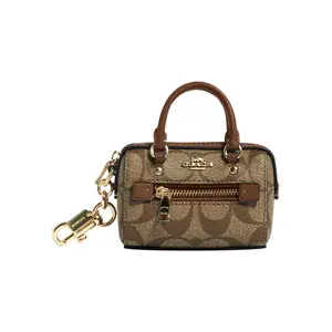 COACH Classic Monogram Zipper Closure Canvas and Smooth Leather Bag Accessory for Women in Khaki and Saddle Color