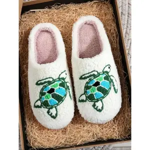 Soft Plush Turtle Slippers for Men & Women, Cute Animal Embroidery Design, Indoor Outdoor Warm Non-Slip Shoes for Fall Winter Gifts, Footwear