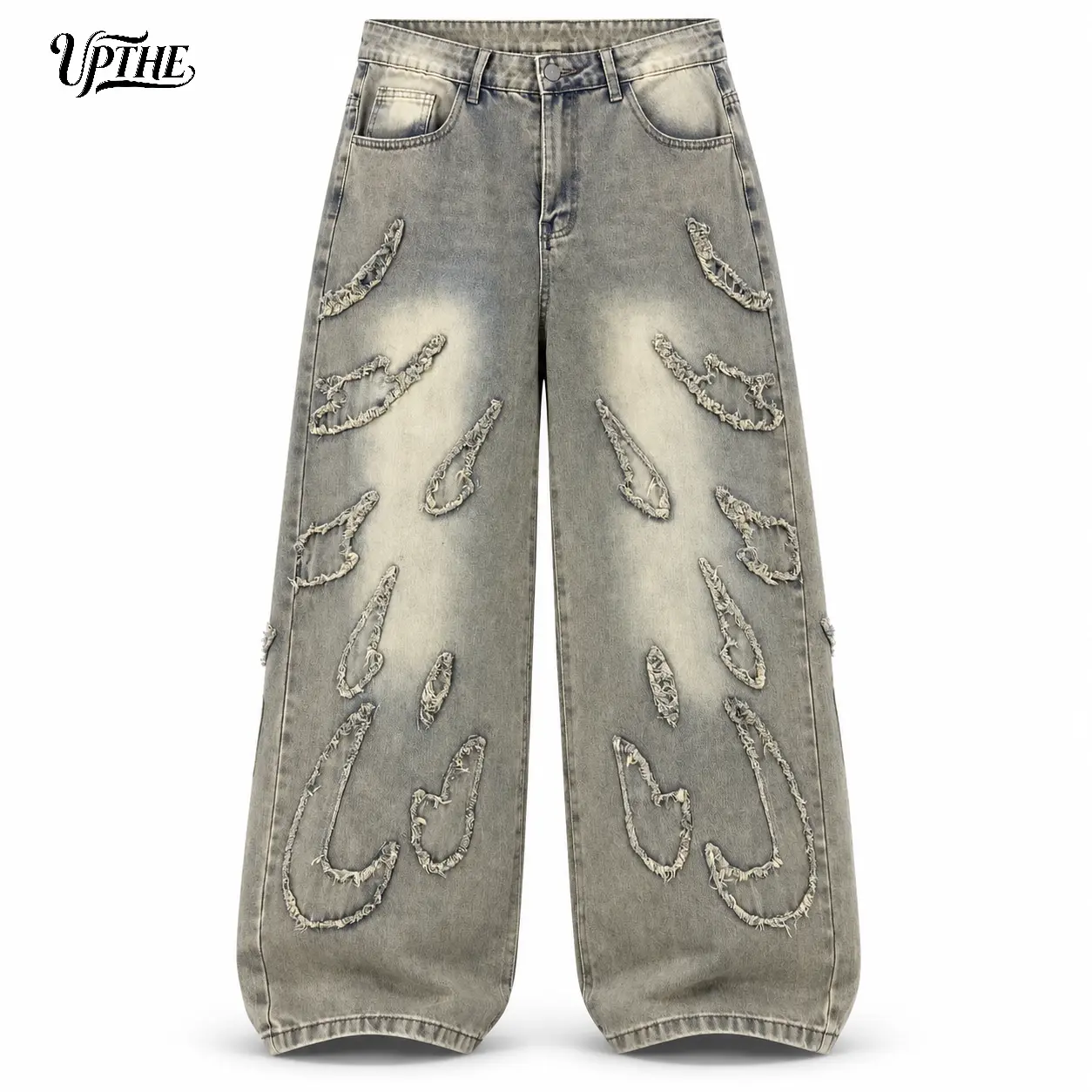 UP THE Men's Beige Denim Jeans - 90s Retro Vintage Clothing, Extra Baggy Frayed Vintage Washed Distressed Loose Cut, Patchwork, Multiple Pockets, Hip Hop Grunge Aesthetic, Gen X Streetwear, All-Season Comfortable Casual Long Trousers