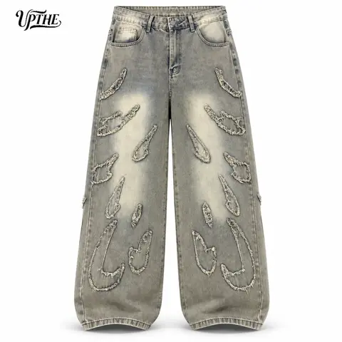 UP THE Men's Beige Denim Jeans - 90s Retro Vintage Clothing, Extra Baggy Frayed Vintage Washed Distressed Loose Cut, Patchwork, Multiple Pockets, Hip Hop Grunge Aesthetic, Gen X Streetwear, All-Season Comfortable Casual Long Trousers