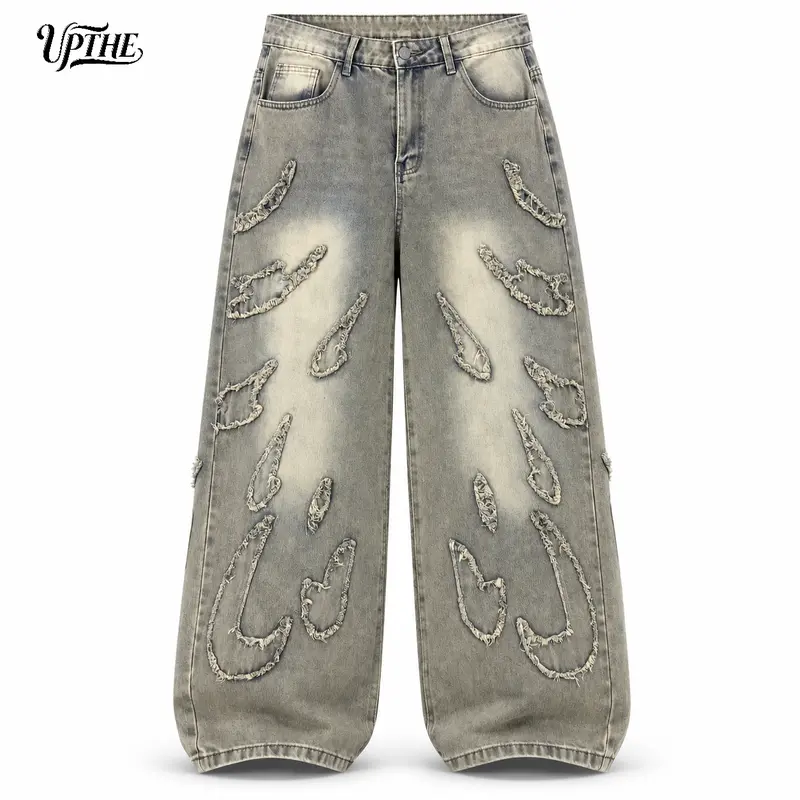 UP THE Men's Beige Denim Jeans - 90s Retro Vintage Clothing, Extra Baggy Frayed Vintage Washed Distressed Loose Cut, Patchwork, Multiple Pockets, Hip Hop Grunge Aesthetic, Gen X Streetwear, All-Season Comfortable Casual Long Trousers