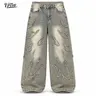 UP THE Men's Beige Denim Jeans - 90s Retro Vintage Clothing, Extra Baggy Frayed Vintage Washed Distressed Loose Cut, Patchwork, Multiple Pockets, Hip Hop Grunge Aesthetic, Gen X Streetwear, All-Season Comfortable Casual Long Trousers