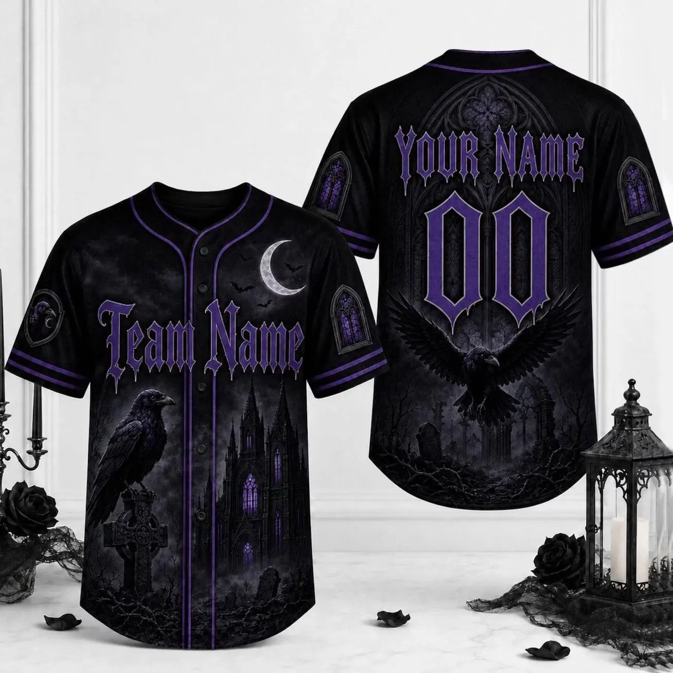 Personalized Gothic Baseball Jersey, Custom Raven Halloween Shirt, Dark Gothic Team Jersey, Custom Name Number Spooky Game Day Gift