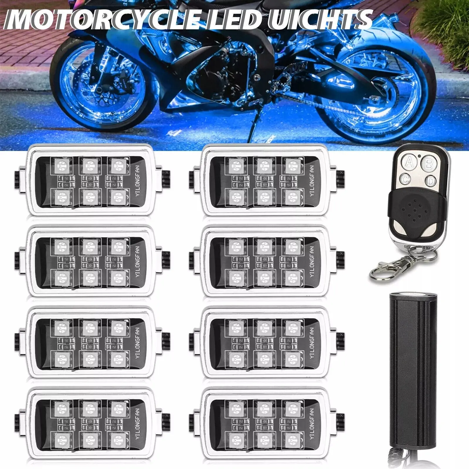 8 Pods RGB LED Rock Lights for Motorcycle Underglow Light Kit w/ Remote Control
