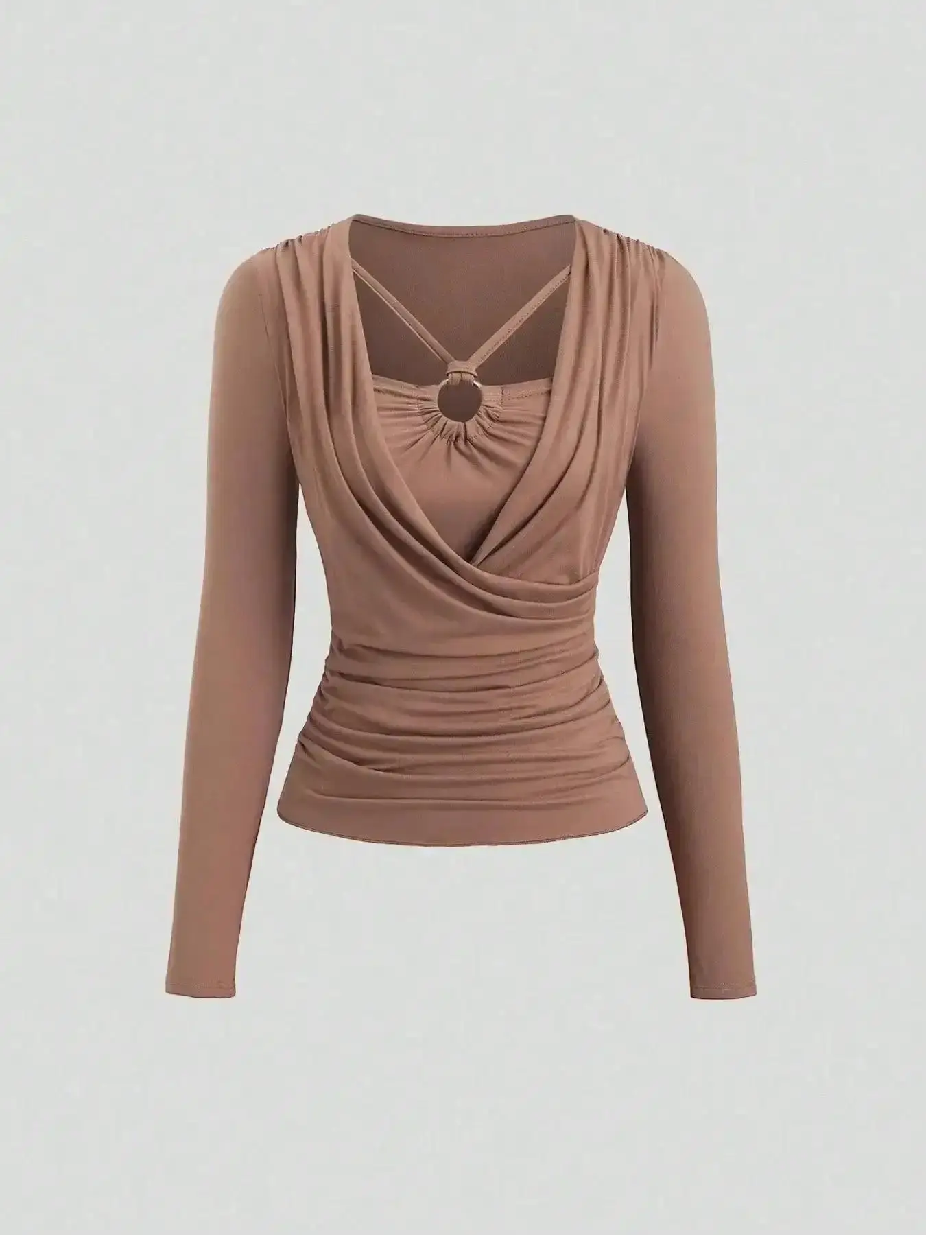 Women's Long Sleeve T-Shirt with Tie Neck Slim Fit Bodycon Top Casual Fashion Blouse for Daily Wear Comfortable and Stylish Fashionable wardrobe essential easy care classic staple timeless style essential basic