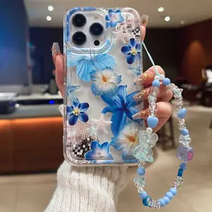 Blue Flower Print TPU Shockproof Phone Case Compatible with iPhone11 12 13 14 15 Pro Max/13 Pro Max XR XS 16 16 Pro Max 14 Plus 12 Mini Samsung A54 5G A52 A14 A15 A12 S22 S21 and Other Series with Fashion Lanyard, Casing