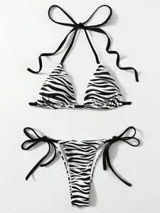 SHISUINA Swim 2pcs Set Women Zebra Print Halter Tie Sexy Bikini Set Random Print Summer