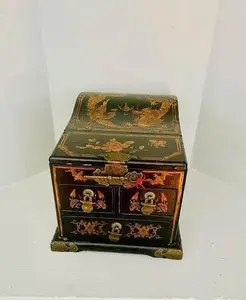 Vintage Chinese Black Lacquer Wood Multi-Drawer Jewelry Box With Brass Accents & Folding Mirror Lid BOHO Decor