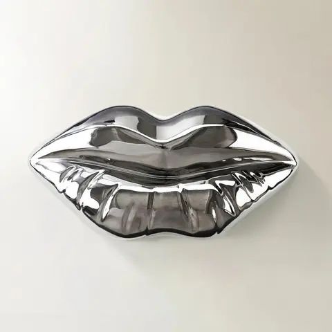 Z Gallerie Chrome Lips Glossy Miniature Ceramic Sculpture - Modern Whimsical Unique House Accessory, Aesthetic Home Decor Item, Living Room Figurine, Home Decor Items