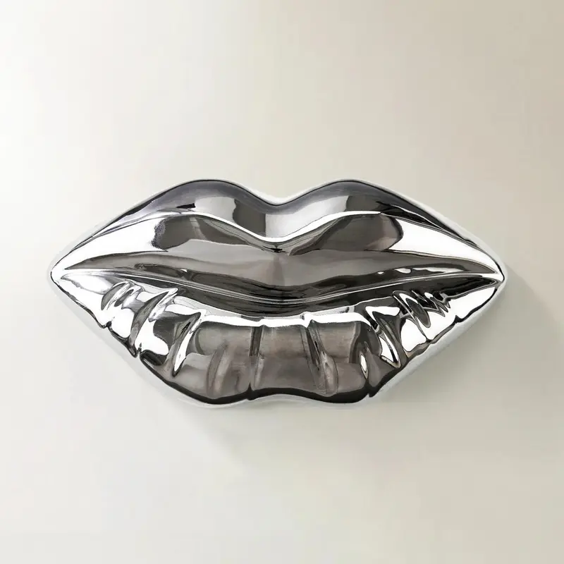 Z Gallerie Chrome Lips Glossy Miniature Ceramic Sculpture - Modern Whimsical Unique House Accessory, Aesthetic Home Decor Item, Living Room Figurine, Home Decor Items