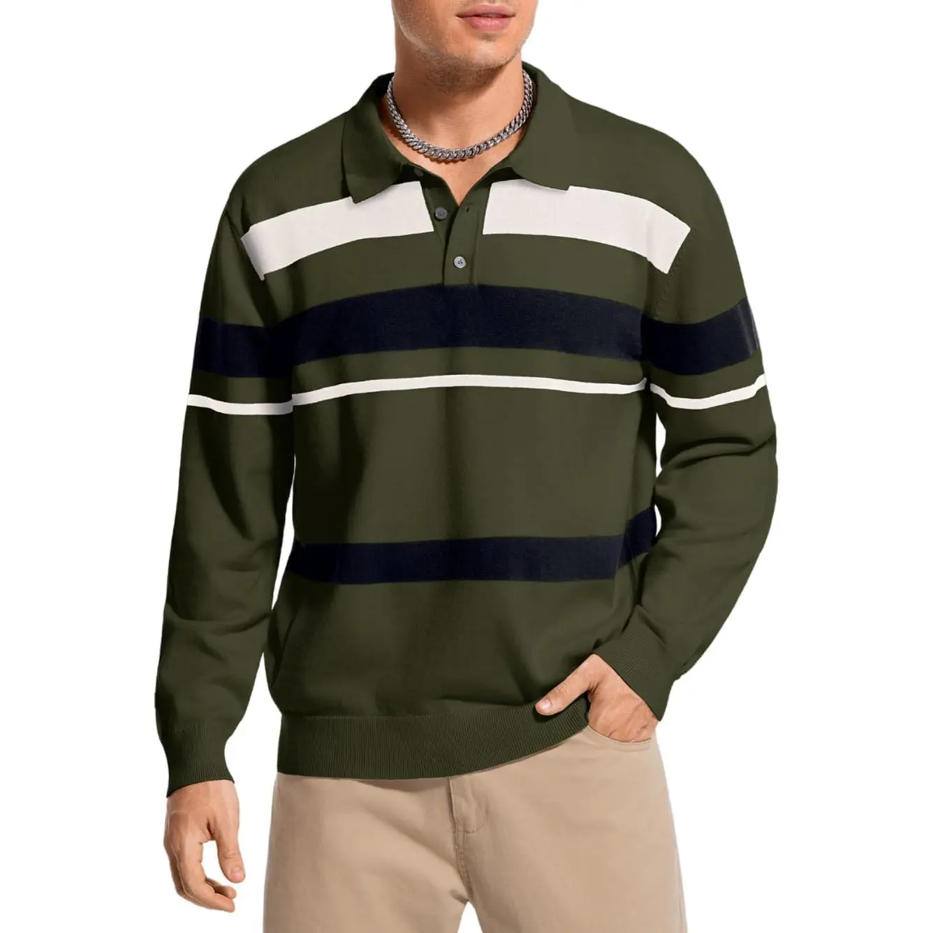 ChiaoLezhee Mens Striped Knit Polo Shirt - Menswear Knitwear, Soft Long-Sleeves, Color-Block, Vintage Casual Fall Lightweight Crochet Top