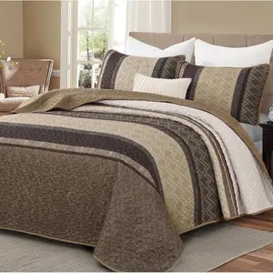 Queen Set Taupe, Striped Bedspread Queen Size Brown Bedding Sets 3 Pieces Micofiber Lightweight with 2 Pillow Shams Coverlet Bed Sets for Men 96''x90''