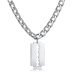 Hip Hop Jewelry Punk Rock Biker Stainless Steel Razor Blade Pendant Necklace for Men with 20/24 Inch Chain
