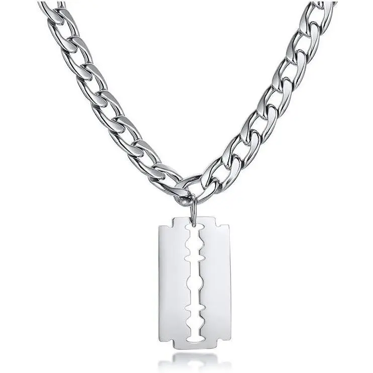 Hip Hop Jewelry Punk Rock Biker Stainless Steel Razor Blade Pendant Necklace for Men with 20/24 Inch Chain