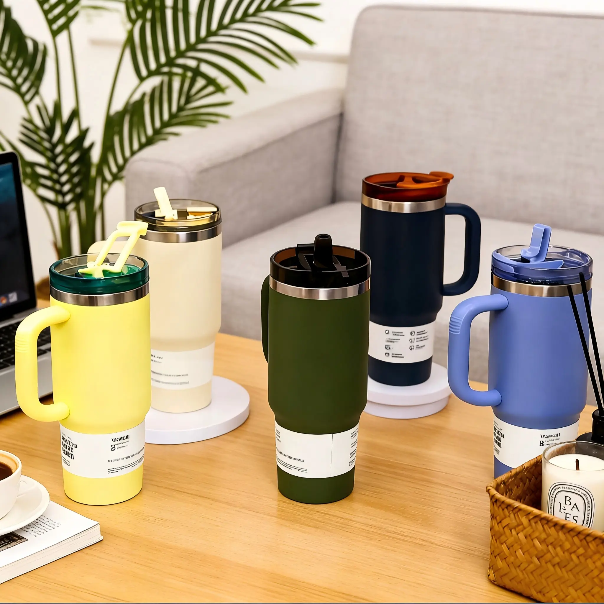【AuraCup】1pc 40oz Tumbler with Handle and Straw, Large Capacity Stainless Steel Travel Mug, Double Wall Vacuum Insulated Coffee Cup, Keeps Cold 12H & Hot 6H, Available in Multiple Colors, Perfect Gift for Office, School, Outdoor, Holiday, Fun Gift for Tee