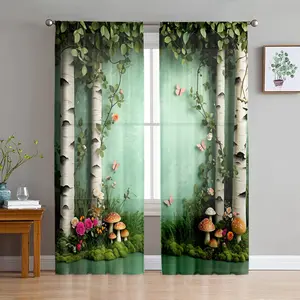 2D Flat 2Pcs Forest Birch Tree Pattern Curtains, Nature Themed Semi Blackout Window Drapes, Elegant Floral Mushroom Decor for Living Room Bedroom, Home Aesthetic, Rod Pocket, Light Filtering Curtains, Home Decoration Curtain