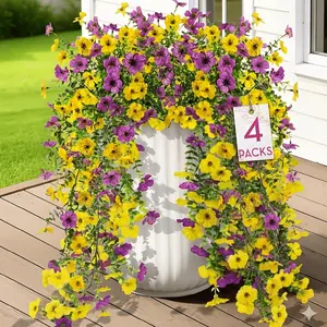 Artificial hanging purple flower plants, suitable for outdoor summer decoration. The imitation flowers and eucalyptus leaves are resistant to ultraviolet rays and have a realistic appearance. Suitable for outdoor furniture and indoor flower pots.