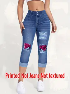 Women's Fitted Capri Pants, Printed Non-Denim Fabric, Natural Waist, All Seasons Everyday Wear, Casual Style, Comfortable Fit