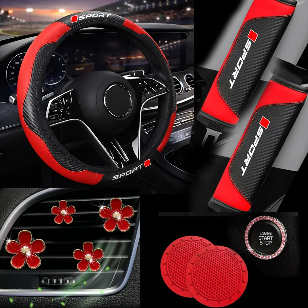 10pcs Car Interior Set PU Leather Dual Color Design, Auto Accessories Interior, Universal Size, Steering Wheel Cover, Seat Belt Protector, Cup Mat, Air Vents Decor, Car Interior Accessories