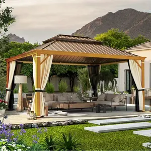 12' x 16' Hardtop Gazebo Faux Wood Grain Metal Gazebo with Aluminum Frame, Galvanized Steel Double Roof, Outdoor Patio Gazebo Pergolas with Netting and Curtains for Backyard, Patio, Lawns
