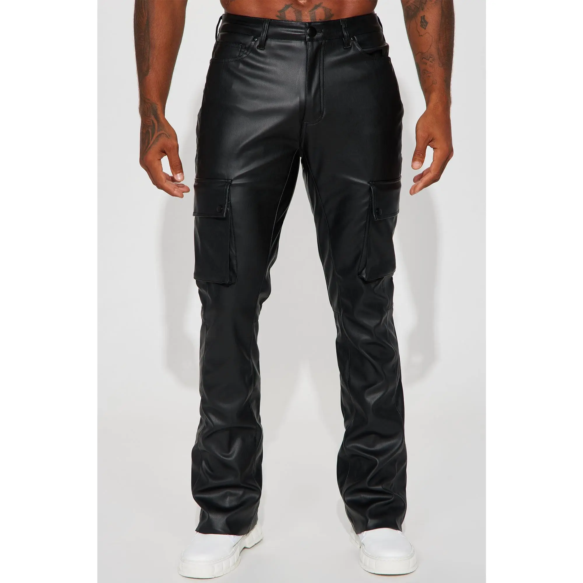 Finest Faux Leather Cargo Slim Flare Pants - Black Finest Faux Leather Cargo Slim Flare Pants - Black