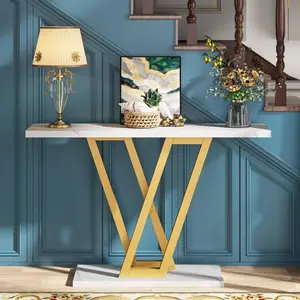 212 MAIN 43 in. Narrow Rectangular Modern Indoor Entryway Console Table - Faux Marble Top with Marble Texture, V-Shaped Metal Legs, Easy Setup, White & Gold