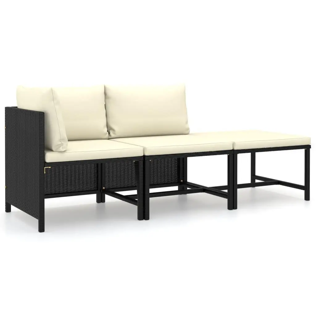 vidaXL Patio Furniture Set 3 Piece, Sectional Sofa for Outdoor Garden, Couch with Cushions, Footstool, Farmhouse Modern Style, Poly Rattan Black 3059778