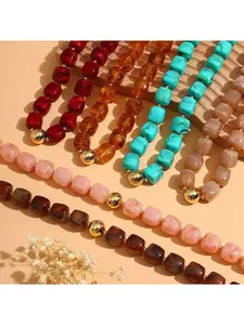 1pc Colorful Beaded Choker Necklace For Women: Boho Large Square Acrylic Beaded Necklace Stainless Steel Adjustable Surfer Beach Strand Necklces Summer Handmade Jewelry Gift For Women