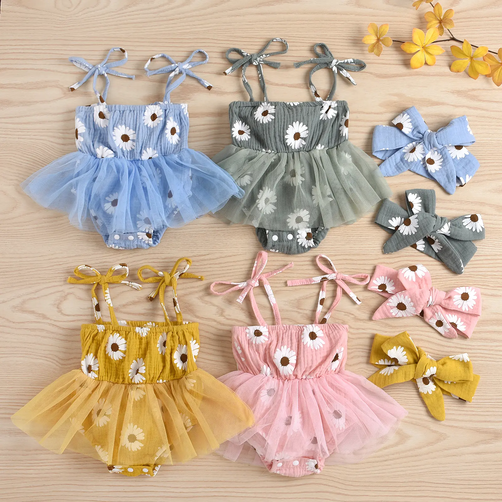 Baby Girls Clothing Lace-Up Suspender Romper - Fresh Daisy Print, Mesh Yarn Jumpsuit with Headband - for 0-3 Months, 12-18 Months, Children's Day, Birthday