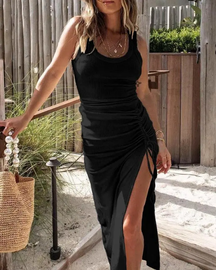 Women's Sexy Backless Spaghetti Straps Square Neck Maxi Dress Thigh High  Slit Bodycon Cocktail Party Dress - TikTok Shop