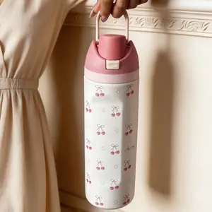 Double Layer Stainless Steel Insulated Cup, 24oz/32oz/40oz Cherry Blossom Design, Includes Straw, Cold Retention Up to 24 Hours, Flasks