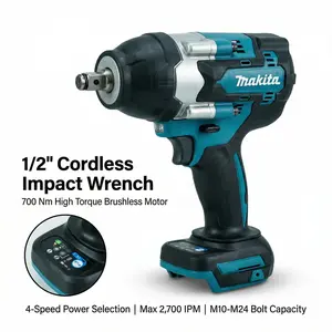 Makita 700Nm Brushless Impact Wrench for M10-M24 bolts, featuring 4-speed control for industrial maintenance & assembly. Heavy-duty cordless dual-purpose tool, powertools are girls