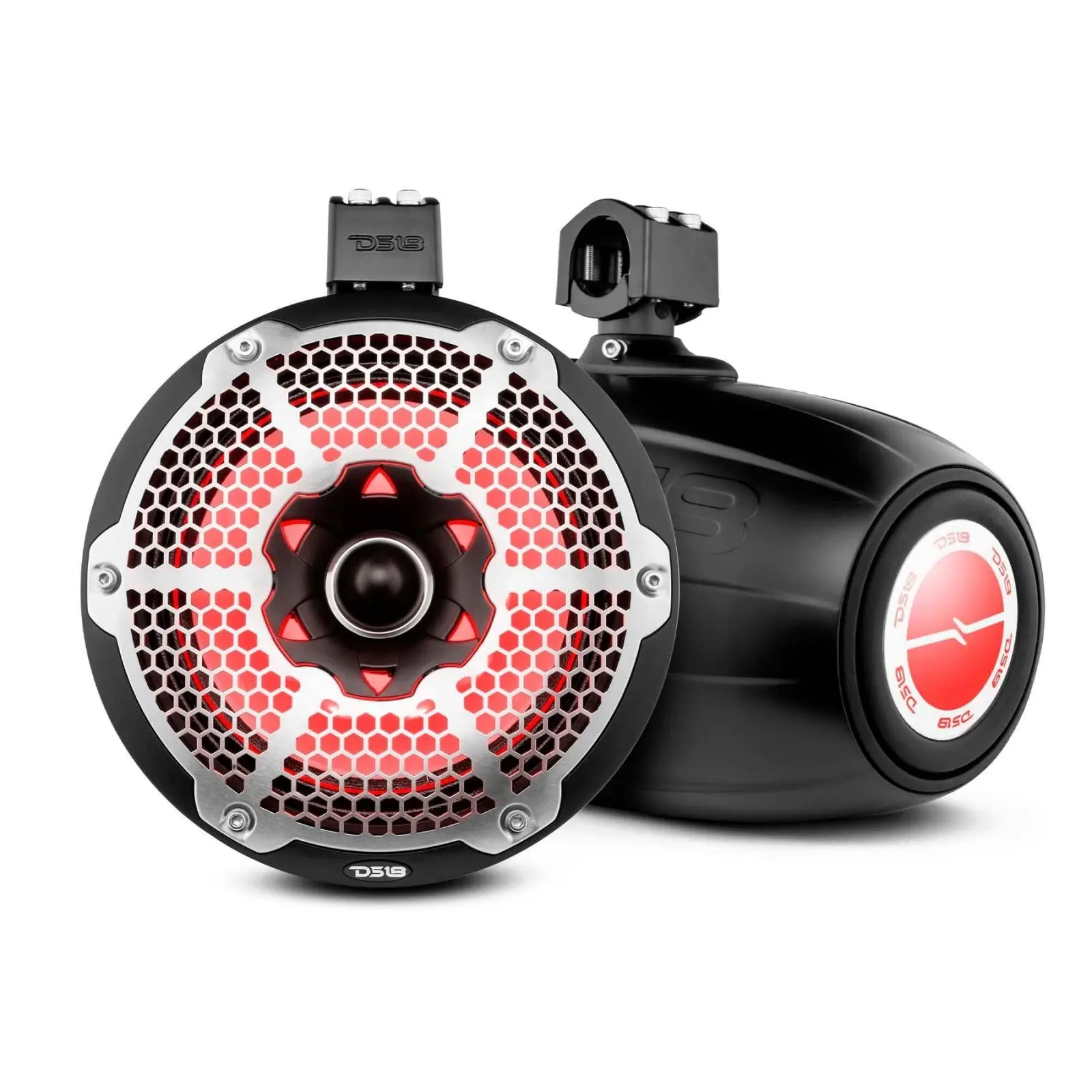 DS18 HYDRO 2-Way 10.75-Inch Marine/Motorcycle Audio Tower Pods - N40H Neodymium Magnet, 1-Inch Driver, Built-In Passive Radiator, RGB LEDs, 300W Each, 900W Total, Black, Frequency Response: 45-22kHz, for Car Audio Systems