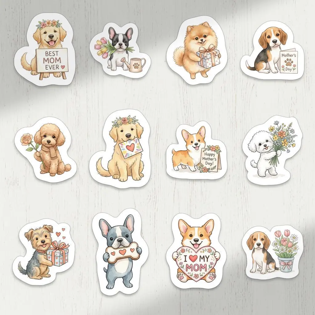 12 Pack Vinyl Sticker Set, Mother's Day Cute Puppies, Golden Retriever French Bulldog Corgi Dachshund Poodle Beagle, Laptop Decal, Dog Mom