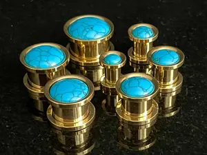 PAIR of Stunning Turquoise Stone Dome Gold Steel Screw Fit Tunnels/Plugs - Gauges 2g (6mm) thru 5/8" (16mm)