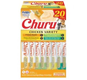 INABA Churu Cat Treats, Lickable, Squeezable Creamy Purée Cat Treat with Green Tea Extract & Taurine, 0.5 Ounces Each Tube, 20 Tubes, Chicken Variety Box