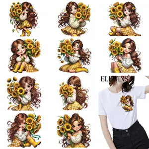12 Heat Transfer Vinyl Stickers for clothes, DIY Flower Decor, featuring watercolor-style cute cottage girls. Washable and perfect for decorating DIY T-shirts, hoodies, jeans, backpacks, and pillows.